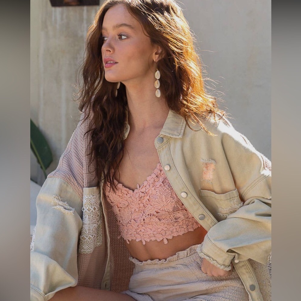 LAST ONE POL Crochet Lace Corduroy Button Down Shacket - Picture 5 of 6